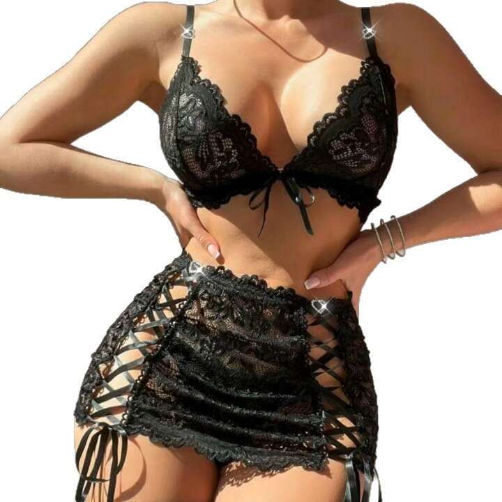 Women Black Lace Criss-Cross Garter Skirt with Mesh Panel Sexy, Edgy & Perfect for Night Out, Party or Photo Shoot