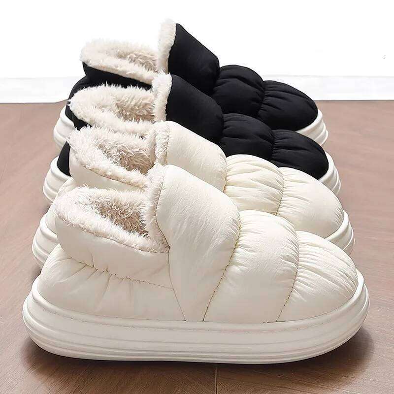 Litfun Winter Down fabric Women's Waterproof Non-slip Slides Warm Cozy Indoor Slippers Plush Lining Women Cotton Shoes