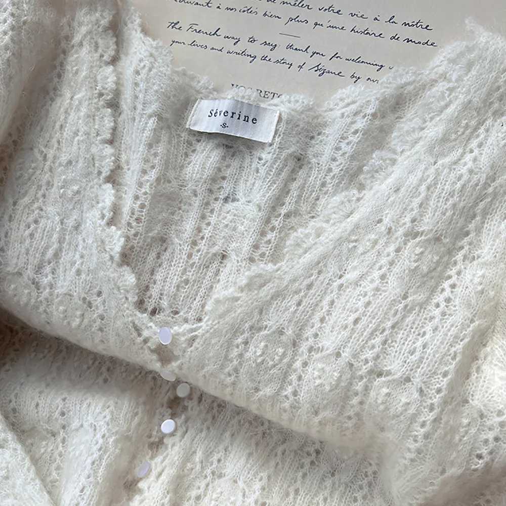Rowan 5C862 White Jacquard Knit Cardigan Petal Edge V-Neck Long Sleeve Buttons Female Sweater Casual Lace-up Lady Top 2026 M260306