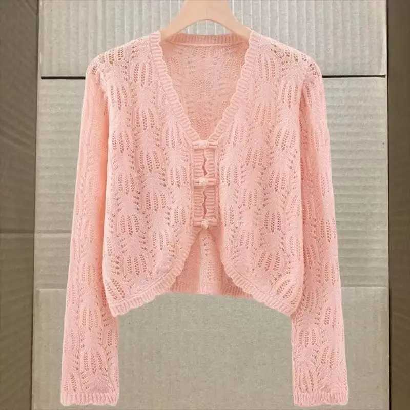 Cardigan Thin Ice Silk Ladies Jacket 2025 Summer New Long-Sleeved Short Hollow Sunscreen Shawl Women Coat Thin And Light Outside M260306