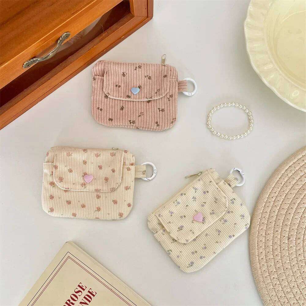 Corduroy Printed Hasp Coin with Key Ring Kids Cute Purse Small Wallet Zipper Credit Card Holder ID Bag C260304