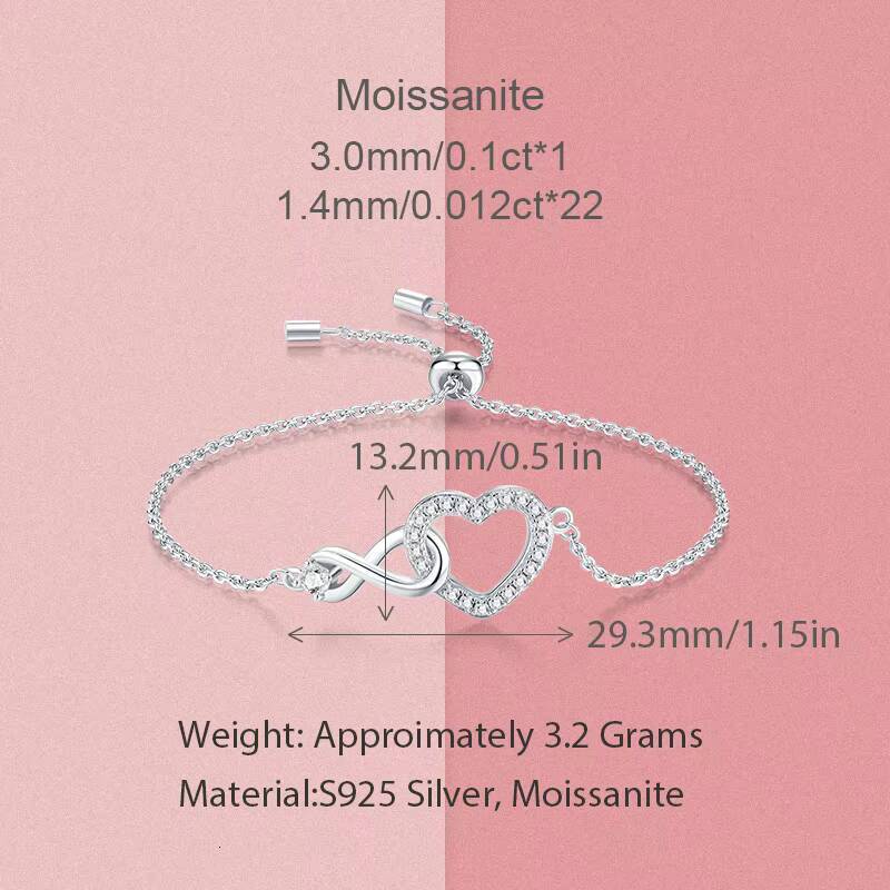Elegant 925 Silver Moissanite Infinity Heart Adjustable Chain Design Romantic Sparkling Gift Anniversary Fine Jewelry Bracelet