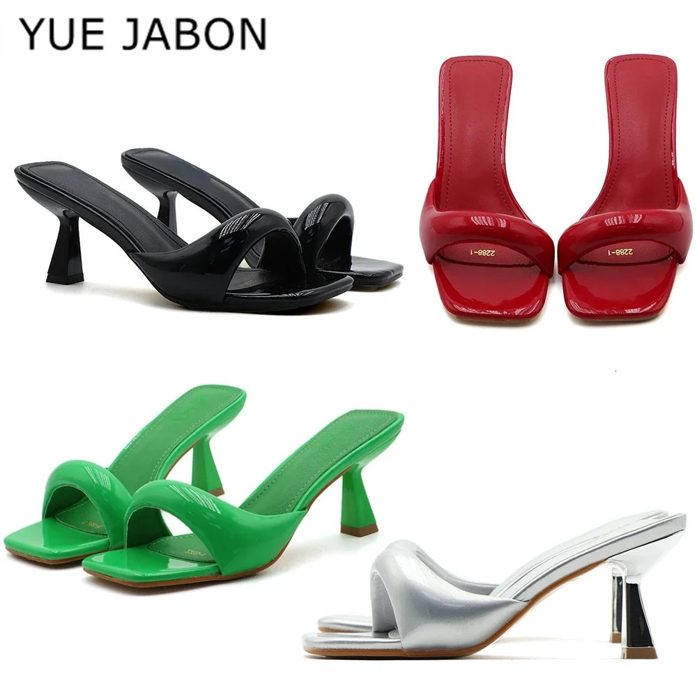 Green Silver High Heel Slippers Women Open Toe Slingback Sandals Female Pumps Square Toe Summer Simple er Heeled Sandals 260303