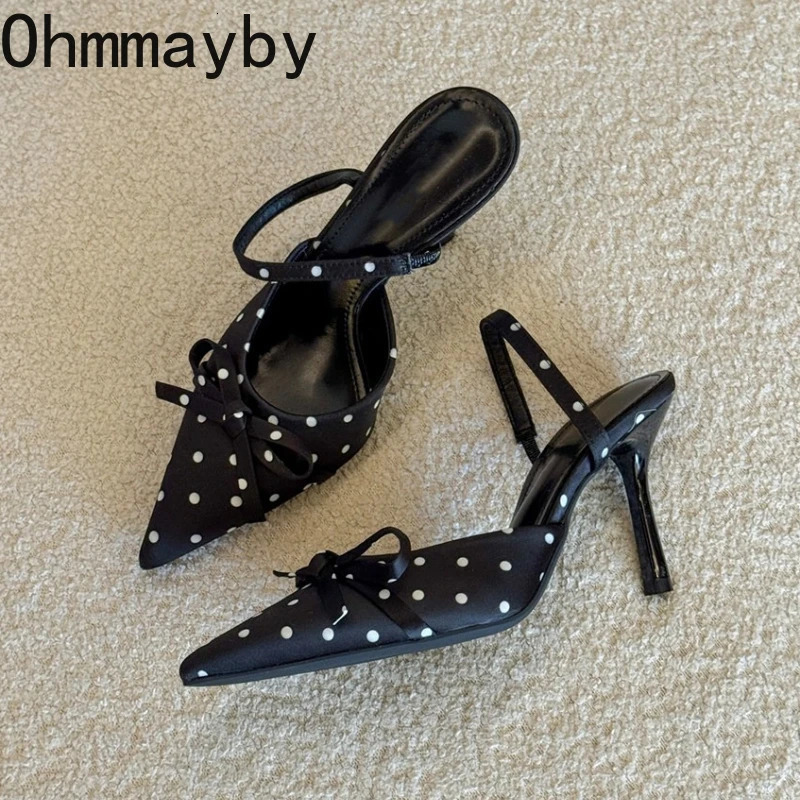 Pointed Toe High Heels Women Dot Sandals 2026 Summer Singbacks Mules Shoes Elegant Butterfly-knot Stripper Party Sandalias 260303