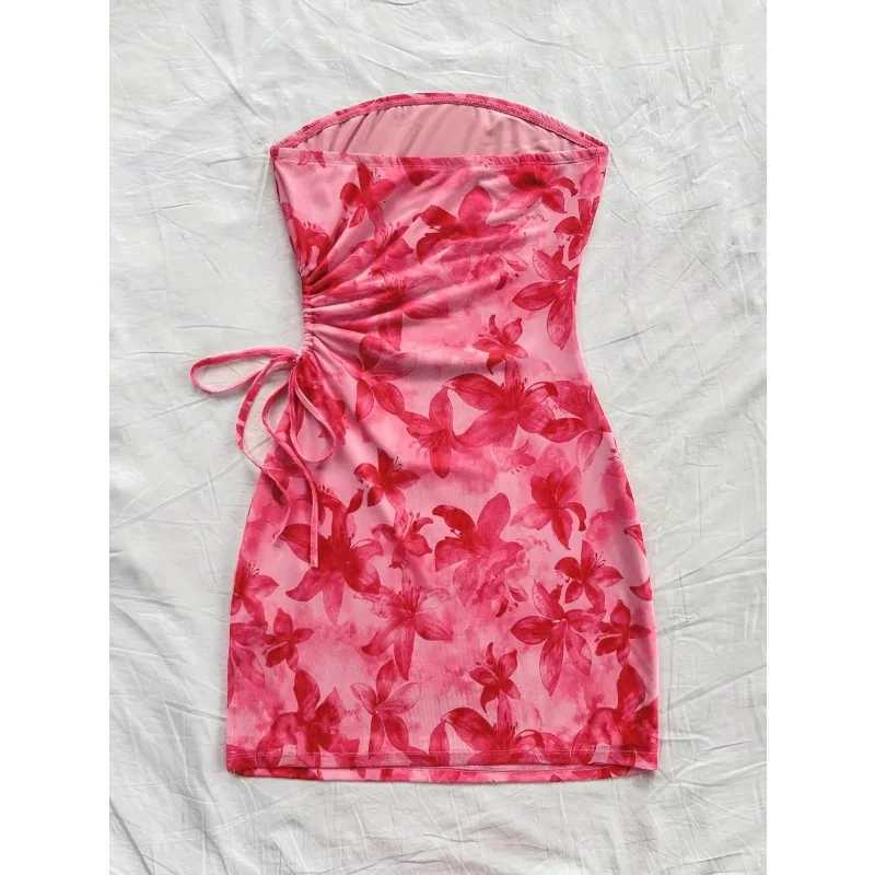 Womens 2025 Floral Print Tube Mini Dress Strapless Backless Party Club Short Ruched Drawstring Bodycon Party Dresses Streetwear X260306