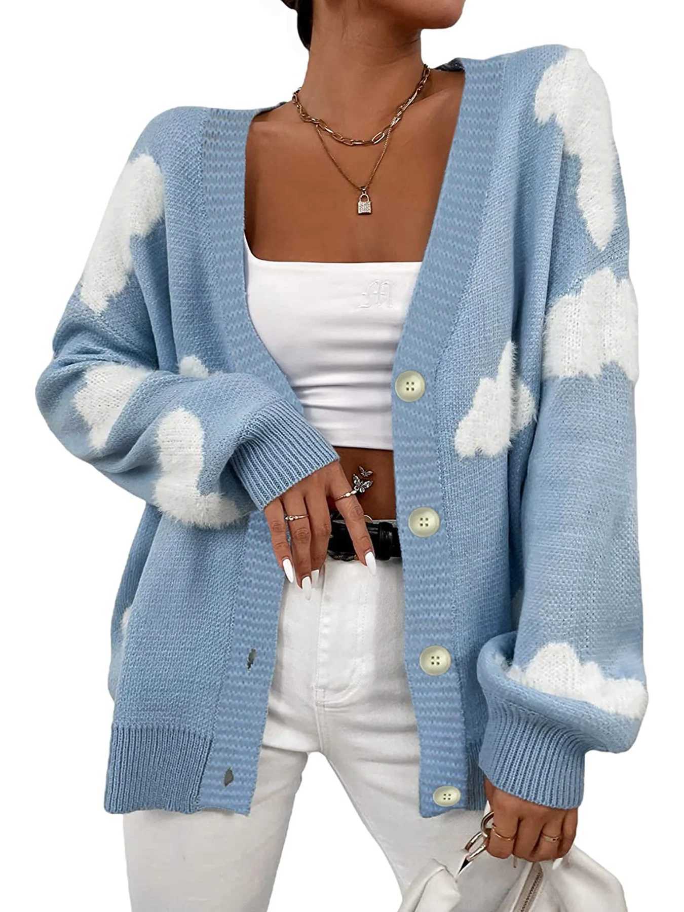 Womens sweater long sleeved cardigan white cloud jacquard medium long style for spring autumn and winter M260306