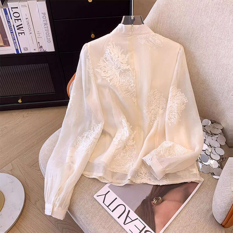 Mardi Hefxessdr 2026 Spring Women Stand Collar Vintage Beige Black Embroidery Flower Top Shirt , Woman Casual Tops Shirts style shirt women's clo