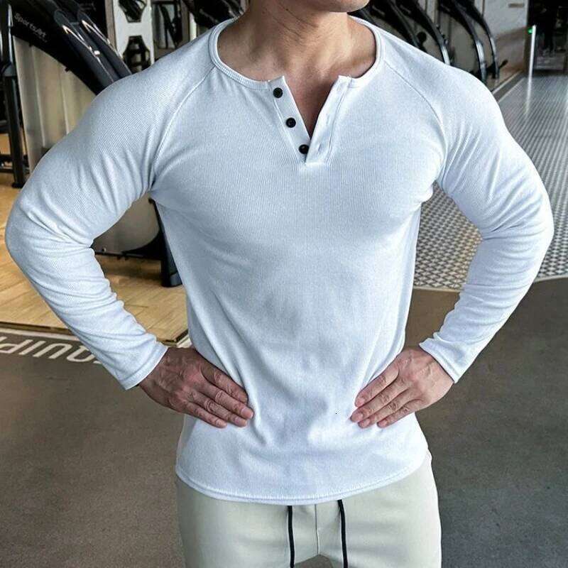 Men's Long Sleeved Henley Fitness Sports Tops Tees Button Neck Casual Cozy Tshirt Fit Autumn T-shirt for Daily We 26H0306