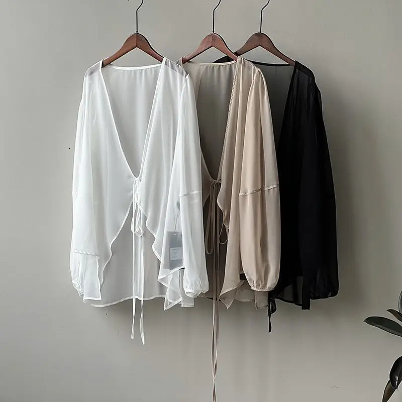 Shirts Women V-neck Loose Long Sleeve Open Stitch Korean Style Lace-up Simple Solid Summer Chiffon Breathable Minimalist Stylish 260306
