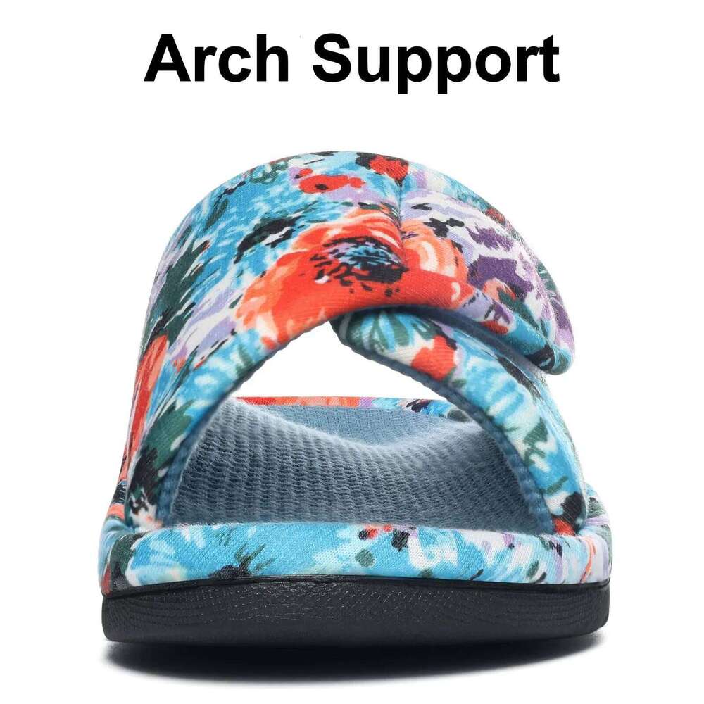Litfun Winter Cotton Waffle For Women Breathable Indoor Adjustable Slides Slip On Open Toe Slippers With Arch Support