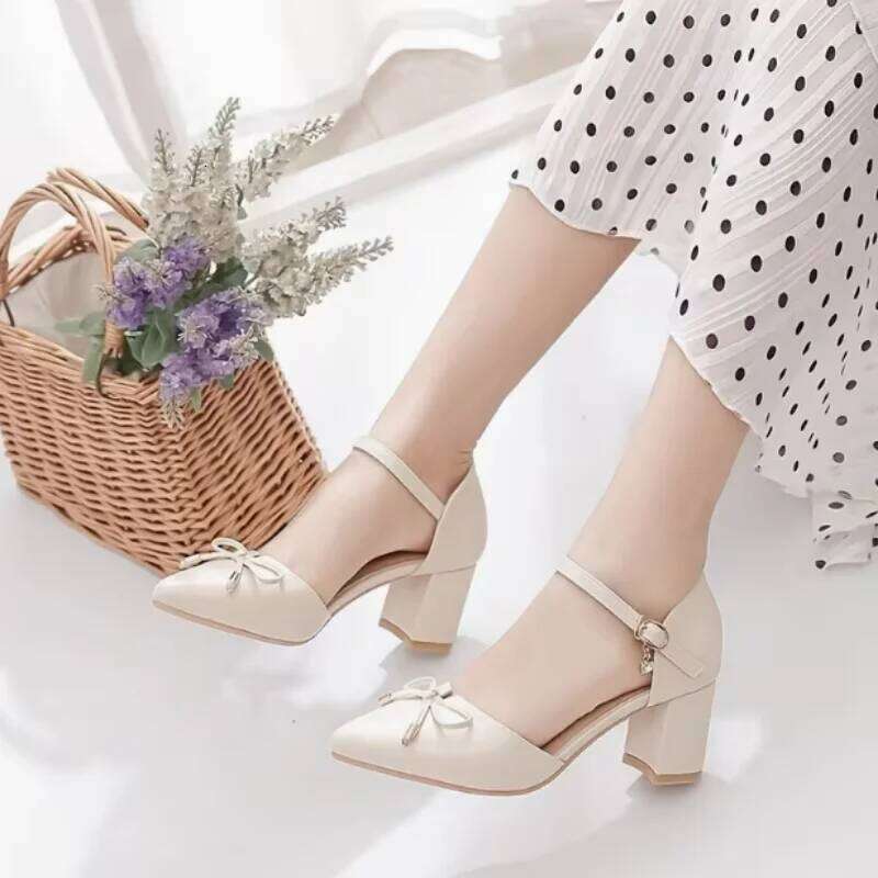 Women's High Sandals Pointed Toe Pumps Bowknot Decoration Chunky Heel Dress Shoes for Office Ladies Party Wedding