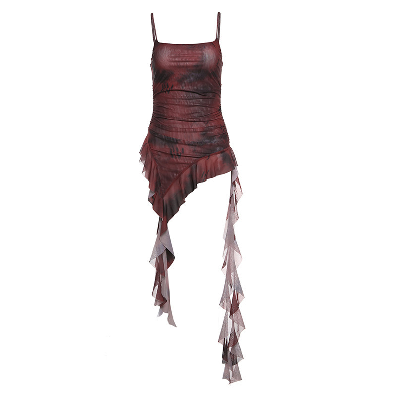 Basic & Casual Dresses Street Tie-dye Mesh Camisole Vest 2026 Sumemr New All-match Tank Top Y2k Slim Fit Irregular Ruffles Tassel Sling Dress