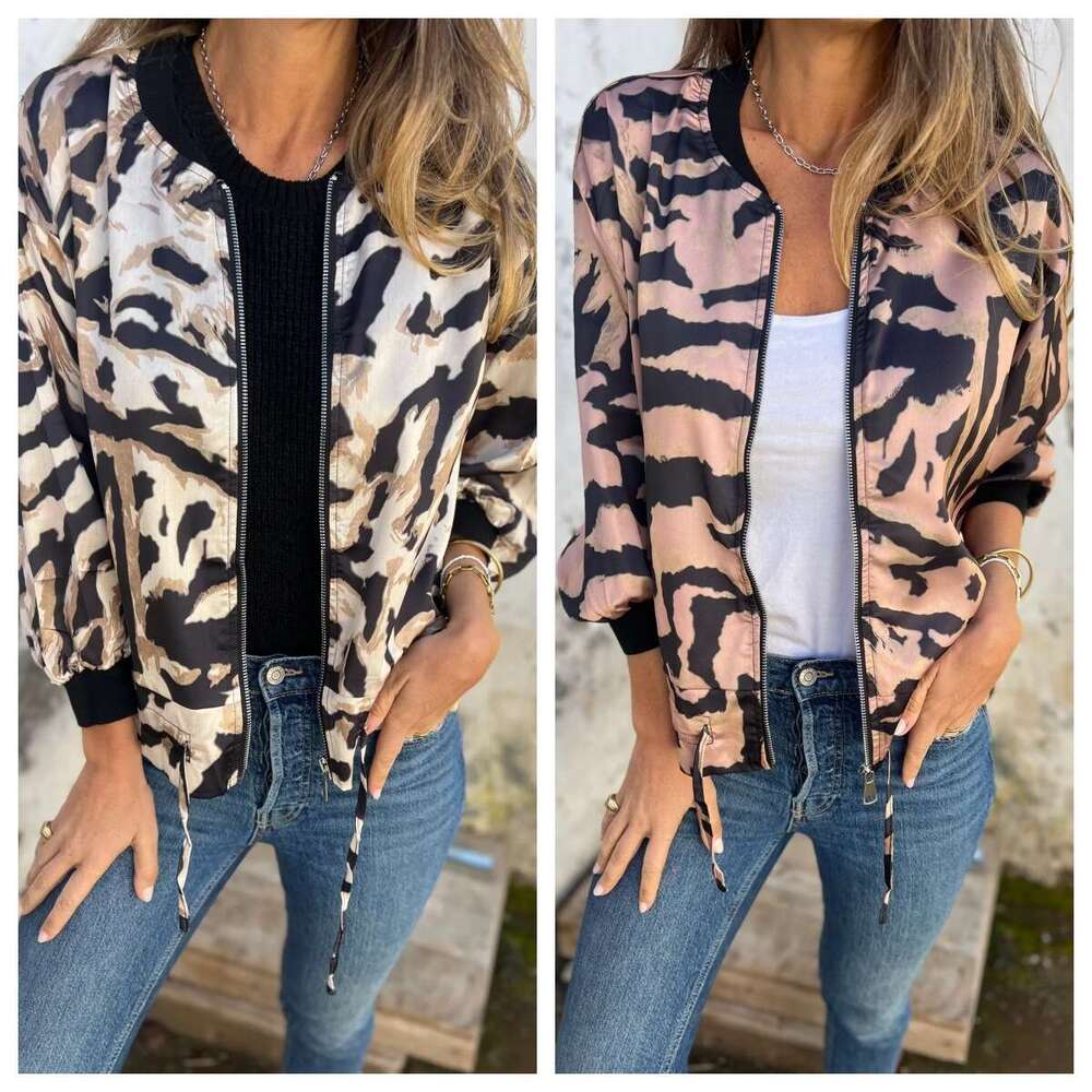 Women's Casual Tiger Print Bomber Jacket Autumn New Arrival Zip Up Long Sleeve Lightweight Outerwear Jacket For Women