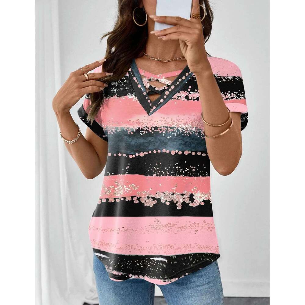 Short Sleeve Shirts Spring for Women 2026 V Neck Designer Criss Cross Tees Womens Summer Tops