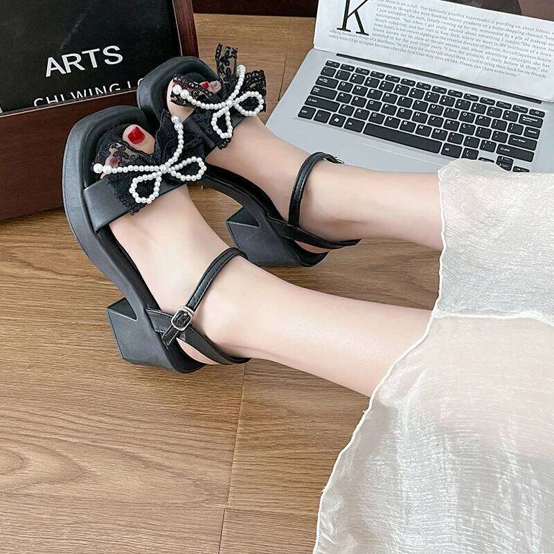 2026 Summer New Women's Bow High Fashion Open toed One line Buckle Strap Thick Heel Sandals