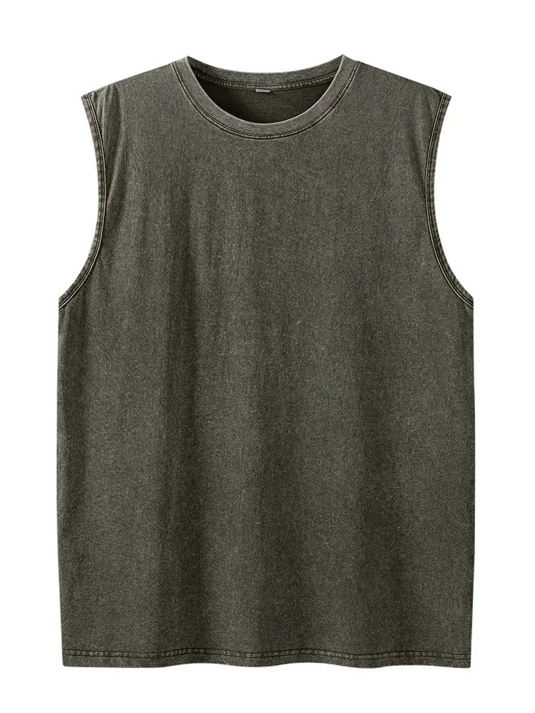 Summer cotton Mens Washed Cotton Tank Tops Muscle Gym Sleeveless Workout T Shirts Running Beach Loose Tees 260306