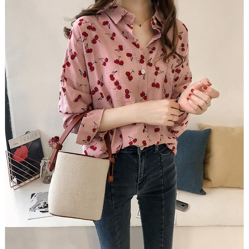 Women Shirts Long Sleeve Cotton Blouse Fashion Print Cherry Lips Flower Top Shirts For Women Autumn Under Shirt Ladies Office 210323