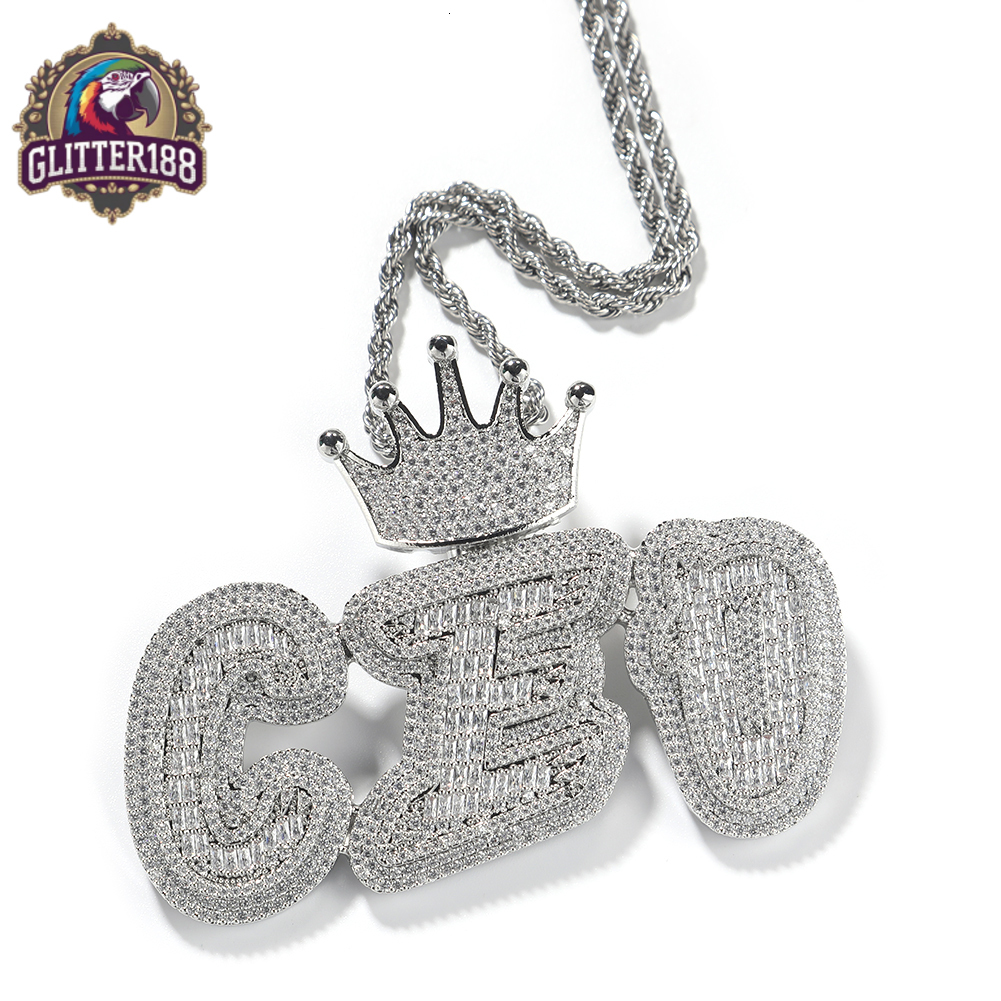 New Design Hiphop Big Letter Necklace Iced Out Baguette Cubic vvs moissanite Gold Plated Men Initial Name Letter Crown Pendant