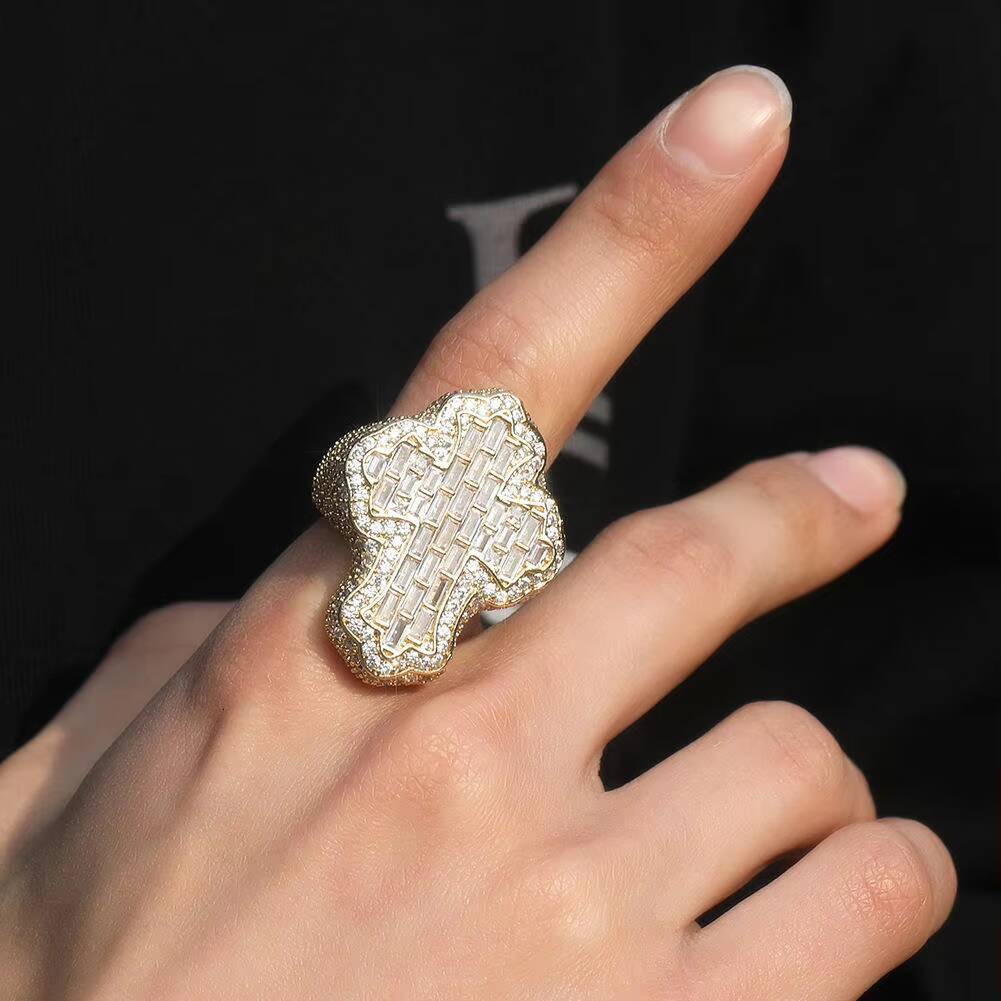 Cross Shape Diamond baguette Ring Rich Gold Tone Silver Plated Customized Size Crafted Sparkle Detail Bold Stylish Modern Hip