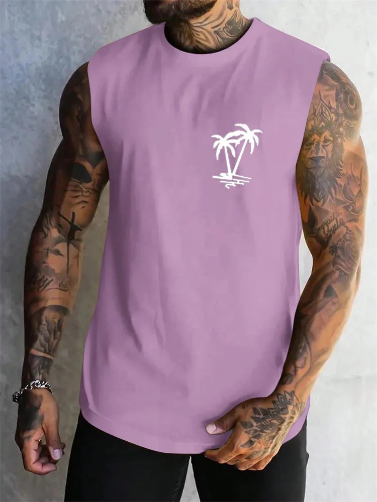 Summer Casual Style Mens Vest Coconut Tree Solid Color Sleeveless Fitness Top Mens Fashion Outdoor Fitness Vest Clothing 260306