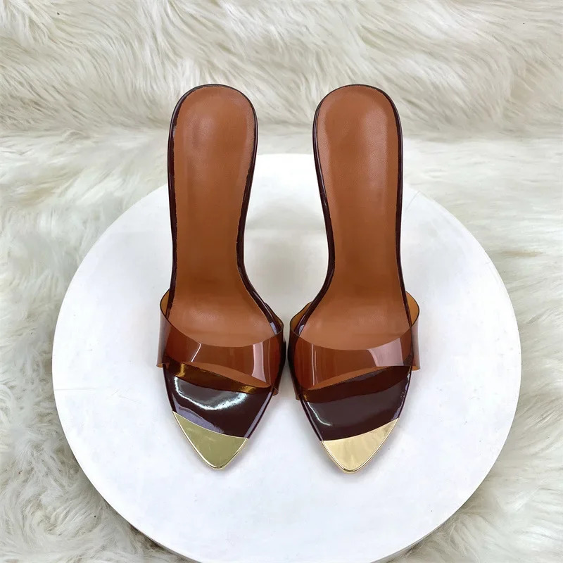 12cm Sexy Pointy Color Pvc Slippers High Heel Sandals Women Brown Stiletto Heels Lady Shoes Female Size 33-46 Zapatos De Mujer 260303