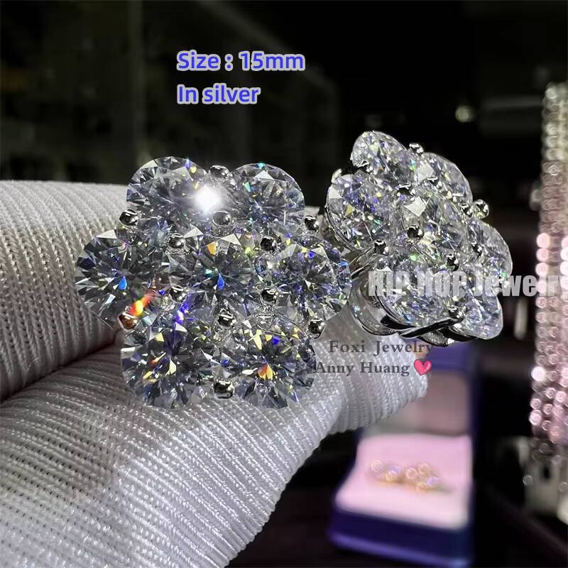 Moissanite Flower Earrings 925 Sterling Silver 15mm Moissanite 18k Gold Plated Stud Earrings