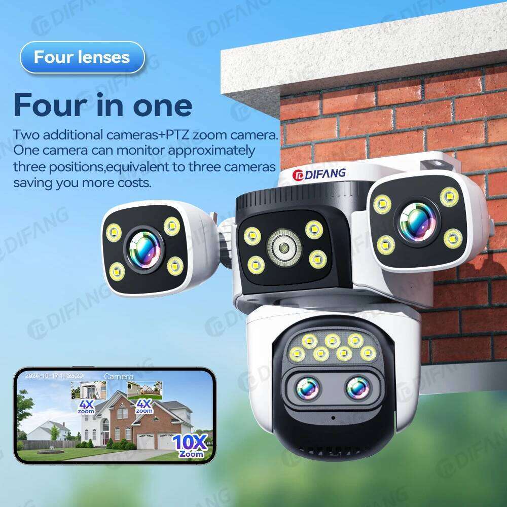 Outdoor 10K Optical 10X Zoom 20MP WiFi Four Lens Three Screens PTZ Human Two Way Audio Auto Tracking Security Camera CCTV 26W0306