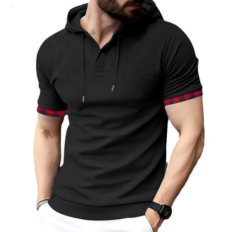 Men's Plaid Cuff Spliced Hooded T-shirt Casual Henley Neck Short Sleeve Tee Top