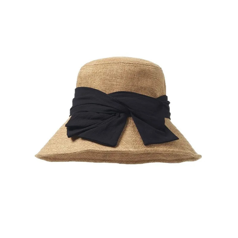 USPOP Elegant Wide Brim Cotton Linen Bucket Hat for Women Summer Sun Hat with Bow Foldable UV Protection Beach Hat 260228