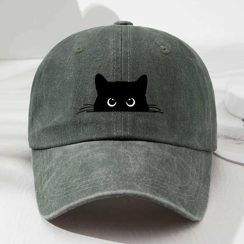 Cute cat print vintage washed baseball cap for men and women versatile casual curved brim hat S260306