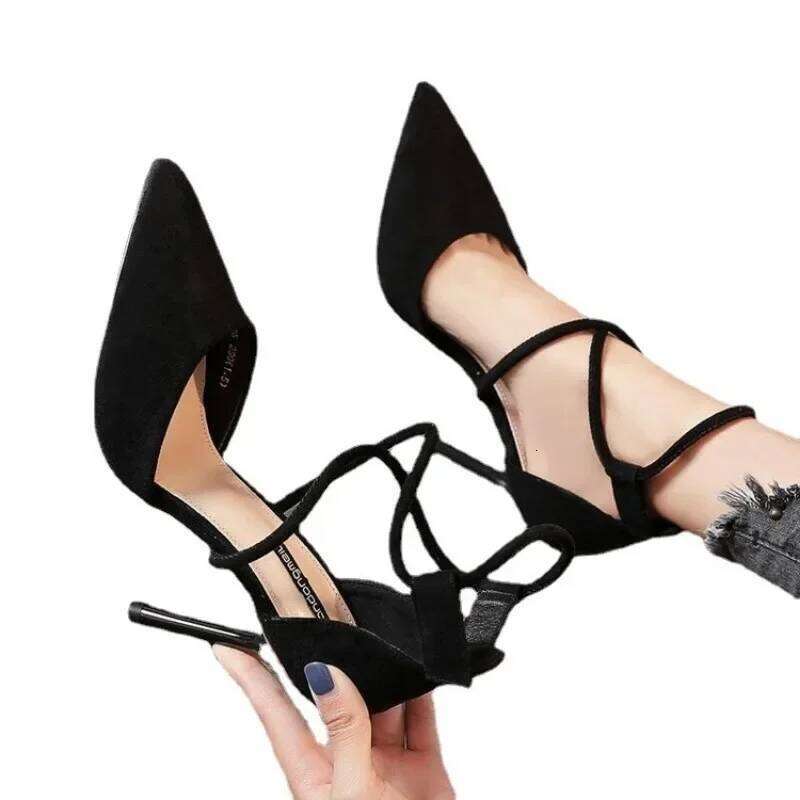 2024 New Cross-strap Roman Suede High Heels Women's Shoes One-line Buckle Fine Heel Pointed Sandals Zapatos De Mujer
