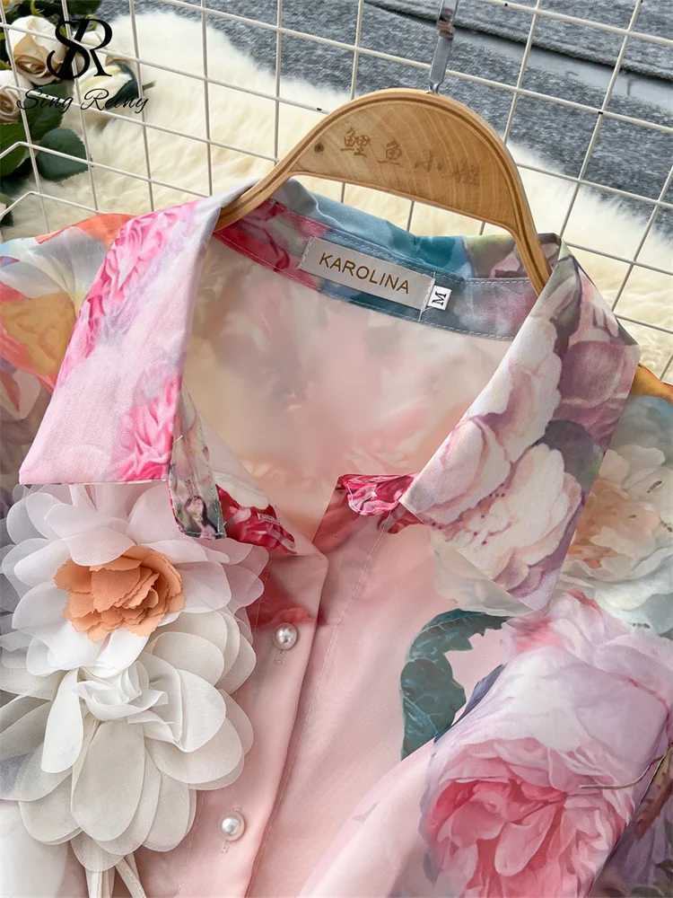 SINGREINY High Quality 3D Floral Dress Female Single Breasted Puff Sleeves Chic French Vintage Senior Organza Print Long Dress X260306