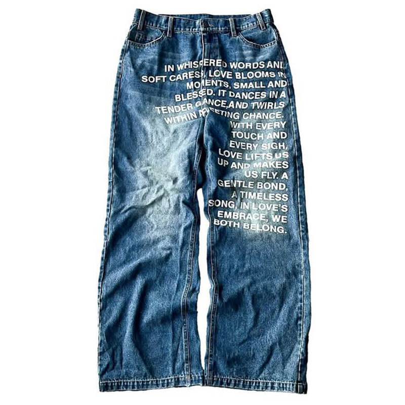 Men's Vintage Letter Printed Jeans Casual American Retro Pattern Alphabet Jeans High Street Fashion Hip Hop Gothic Baggy Wide Leg Pants