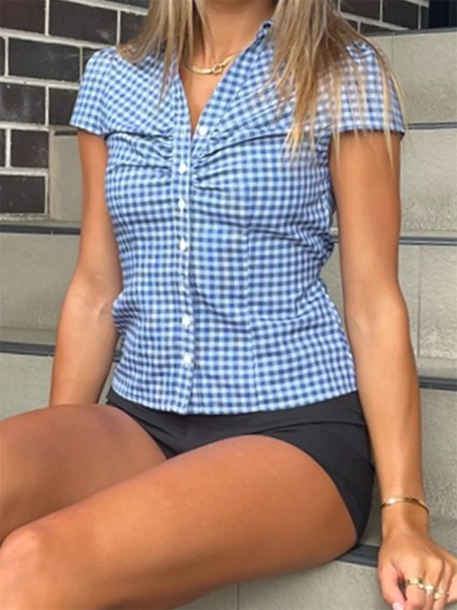 Women s Short Sleeve Plaid Shirt with Button Closure Stylish Summer Top for Everyday Casual Wear in the City 260306