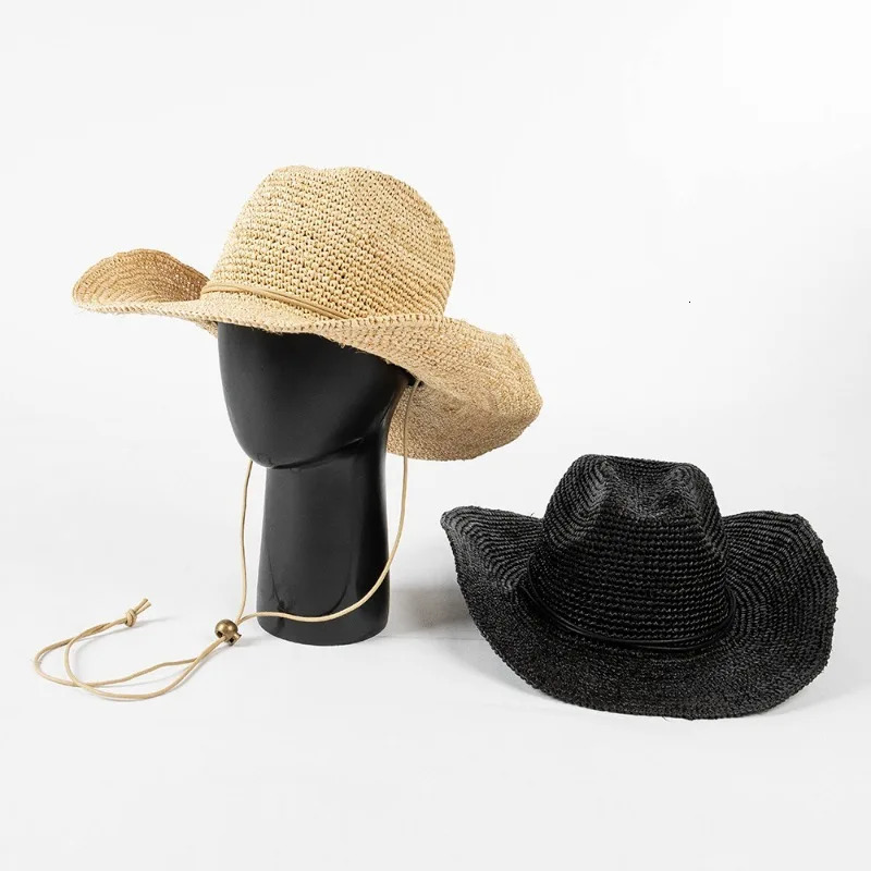 Fashion Spicy Girl Hand Crochet Raffia Hat Women Ken Bean Style Sun Hats Tie Western Cowboy Jazz Top Panama Vacation Beach Caps 260228