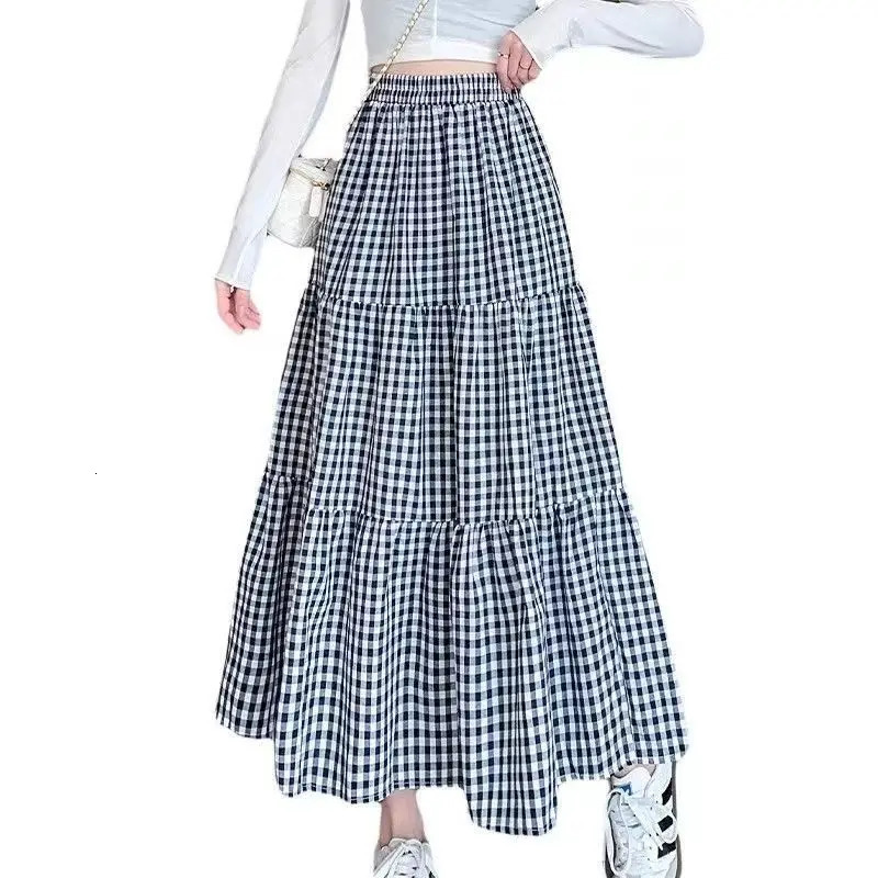 Patchwork Tiered Skirt Women Summer Vintage Checkered High Waisted Elastic Waist Slimming Midi Skir 260306