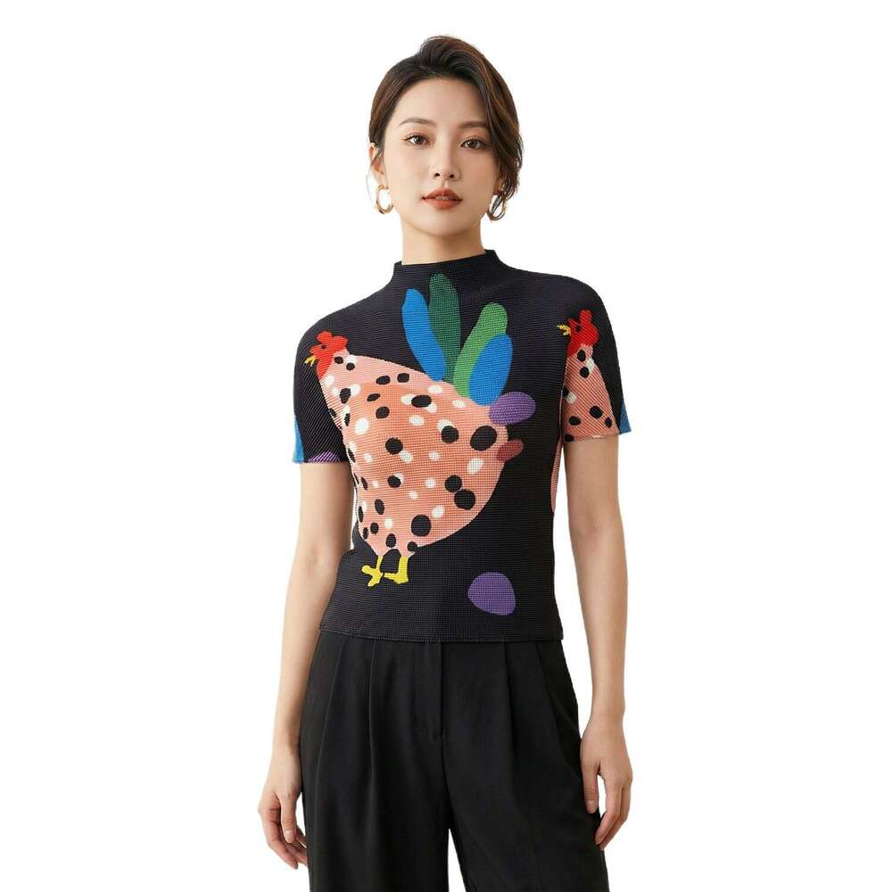 Miyake printed top, new cartoon chick half-high collar short-sleeve T-shirt, slim-fit, elegant, Designer ruched base shirt