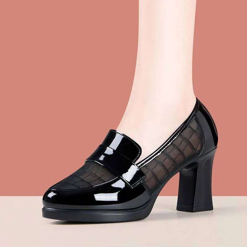 2025 Spring/Autumn Women's Mesh & Fashion High Heels - Hollow Out Leather Mid Soft Sole Chunky Heel Loafers