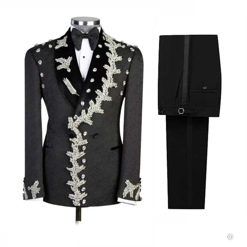 Luxury Wedding Tuxedos Crystal 2 Piece Set Jacket Pant Men Suit Velvet Shawl Lapel Groom Business Blazers Customized