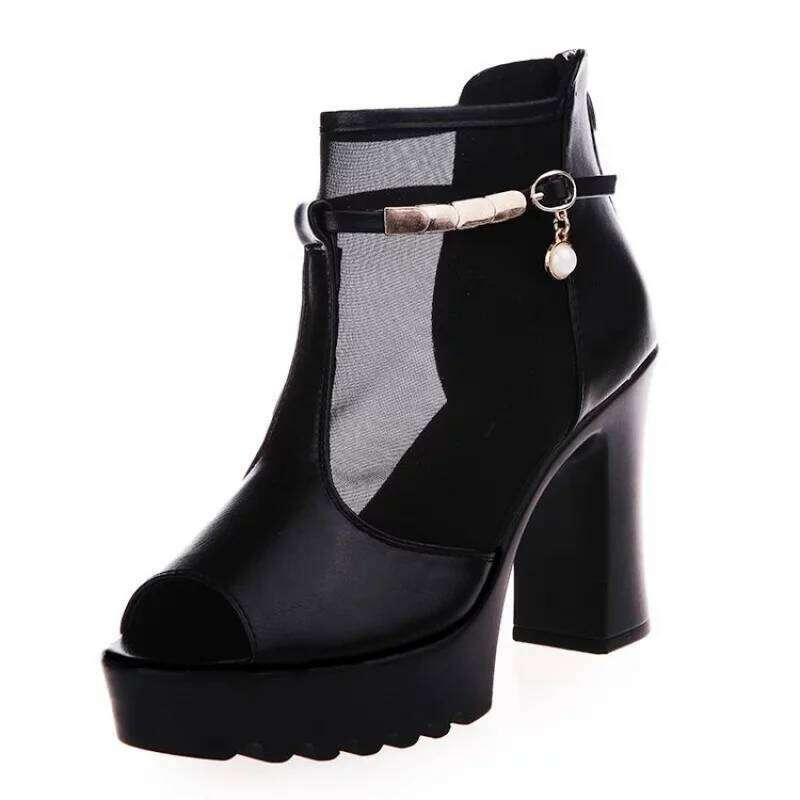Women's Summer Peep-Toe Ankle Boots, Mesh Breathable Chunky Heel with Metal Chain Strap, Casual Shoes for Beach Party Vacation