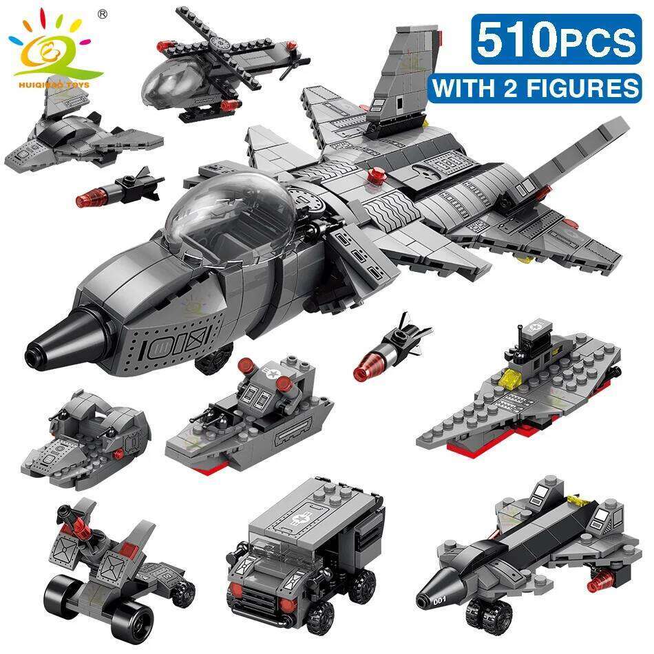 HUIQIBAO Military 510PCS Attack J-20 Fighter Building Blocks Army City Weapon Plane Airplane Helicopter Bricks Children Toys Z260306