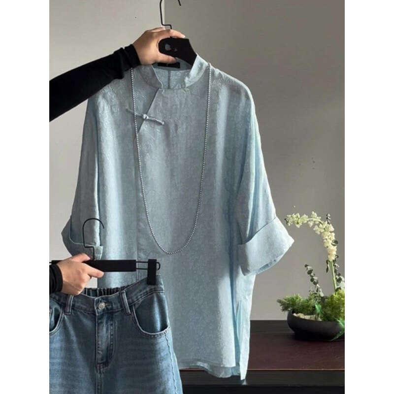 2026 New Chinese Satin Jacquard Women's Shirt Retro Tang style Stand up Collar Loose Shirt Loose Commuter Top