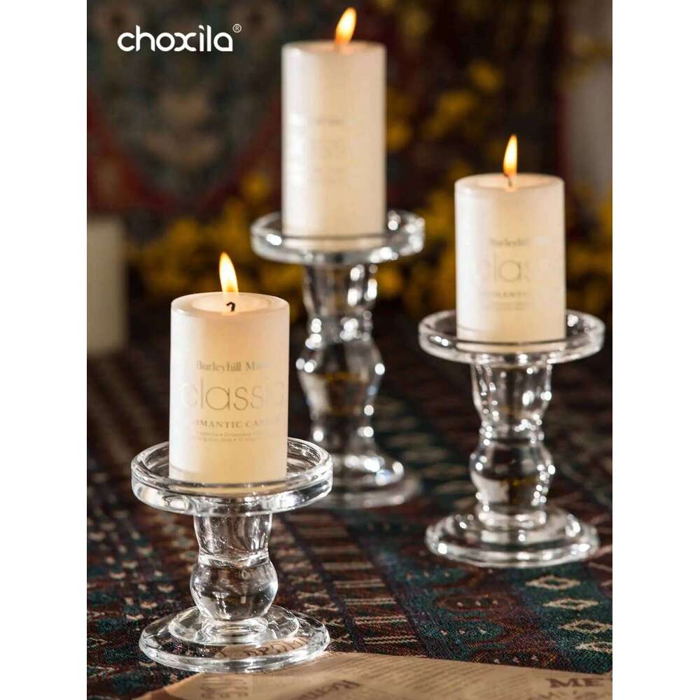 1pc Glass Clear Candle Holder, Decorative Candlestick, Crystal Candlestick With Round Base Elegant Home Decor XJ260305