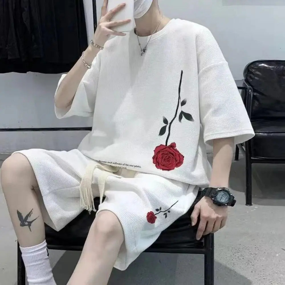 Y2k Korean Fashion Streetwear Hip Hop Rose Casual Short Suit Tshirt 2 Piece Set Summer Tracksuit Men Harajuku Oversize Tee 260227