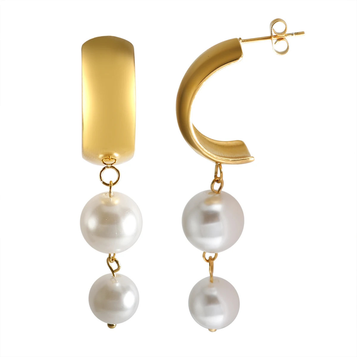 Stainless Steel Tassel Earrings 2 Pearls Dangle Earrings Jewelry 260302