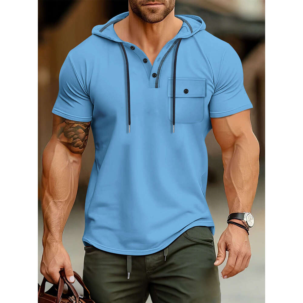 Men's Fitness Hooded Short Sleeve T-Shirt Summer Hoodie Sports Top American Style Henley Shirt