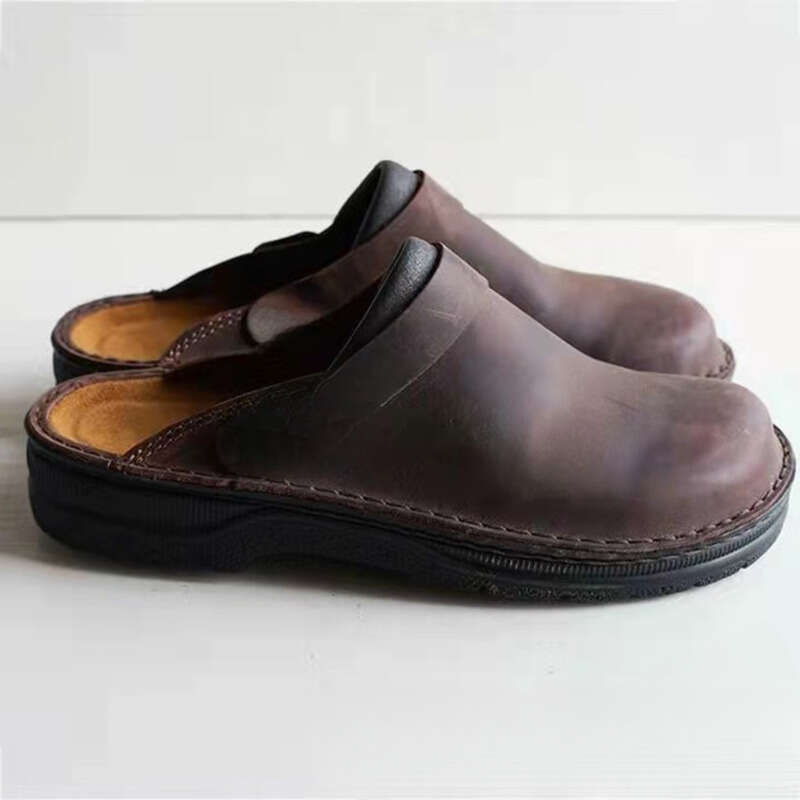 hot designer shoe slides mens thick soled closed toe backless sandals shallow round toe casual mens sandals coffee khaki black outdoor comfortable sli