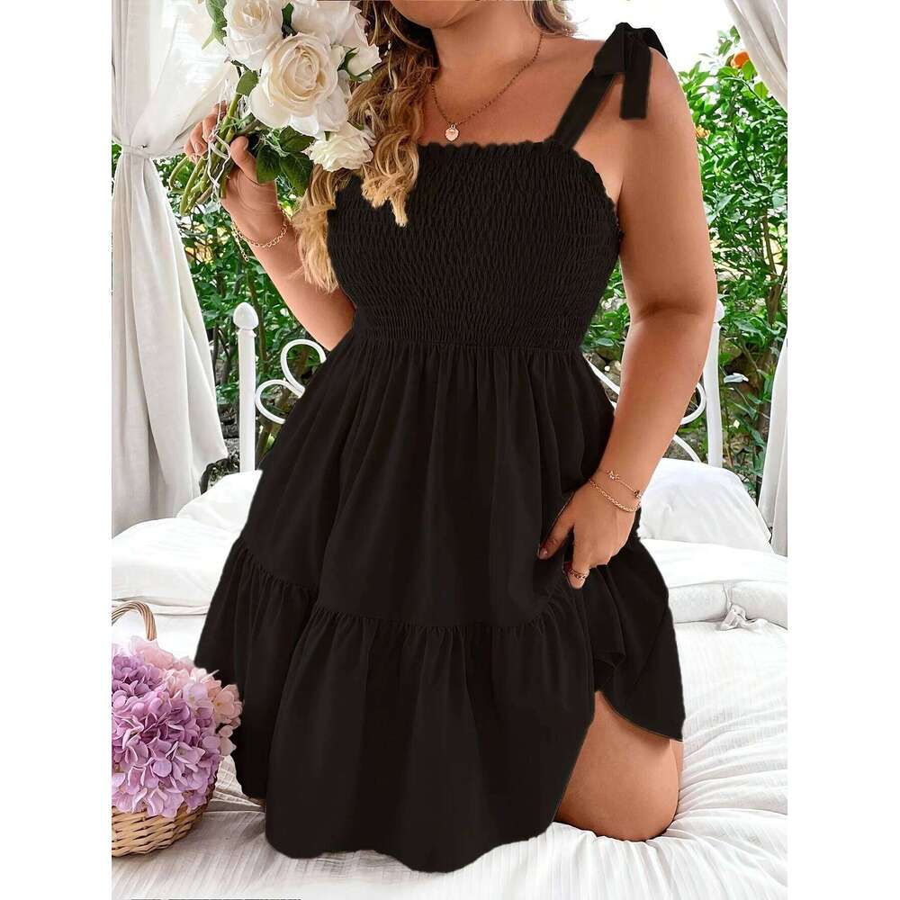 Ladies Solid Elastic Strap Butterfly Knot A-Line Halter Dress Vacation Gown Women's plus Size Clothing