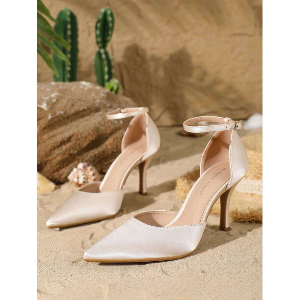 Women's fashionable elegant satin pointed-toe high heels with a back ankle strap. Comfortable, simple, and versatile in