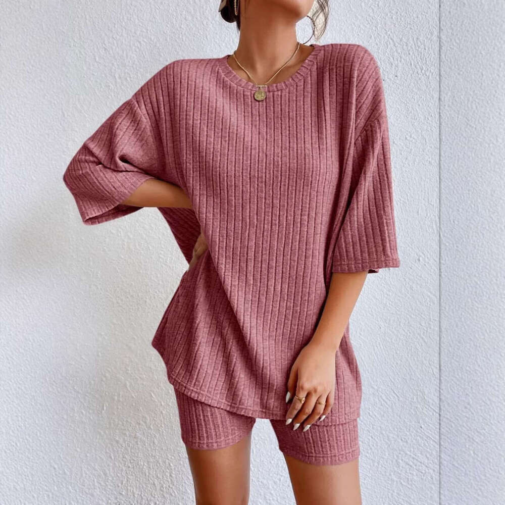 New European and American 2026 fashion casual solid Designer color spring round-neck loose women's shorts set